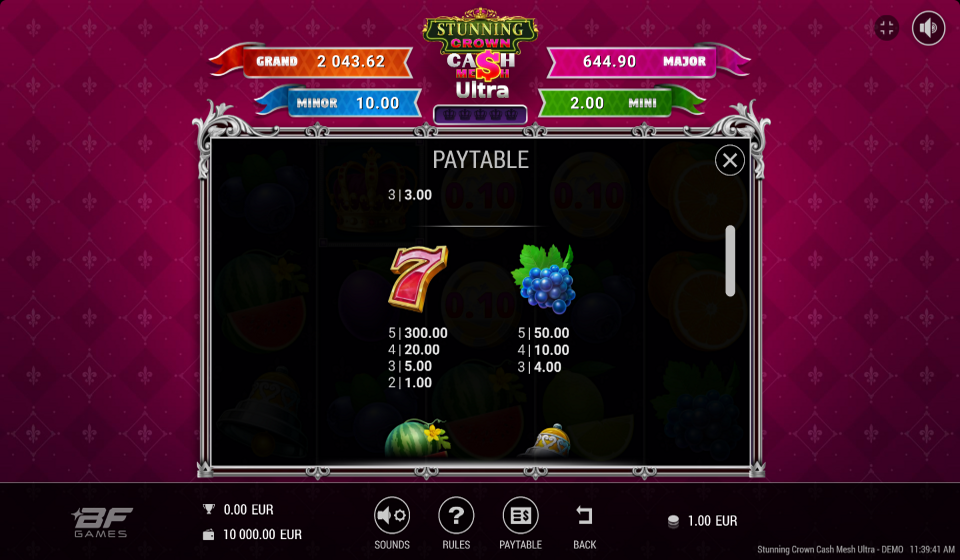 stunning crown cash mesh ultra paytable 1