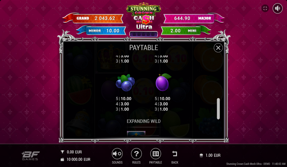stunning crown cash mesh ultra paytable 4