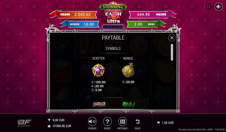 stunning crown cash mesh ultra paytable 5