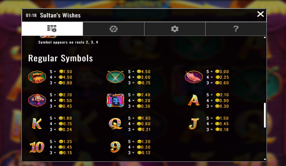 sultans wishes collect n win paytable