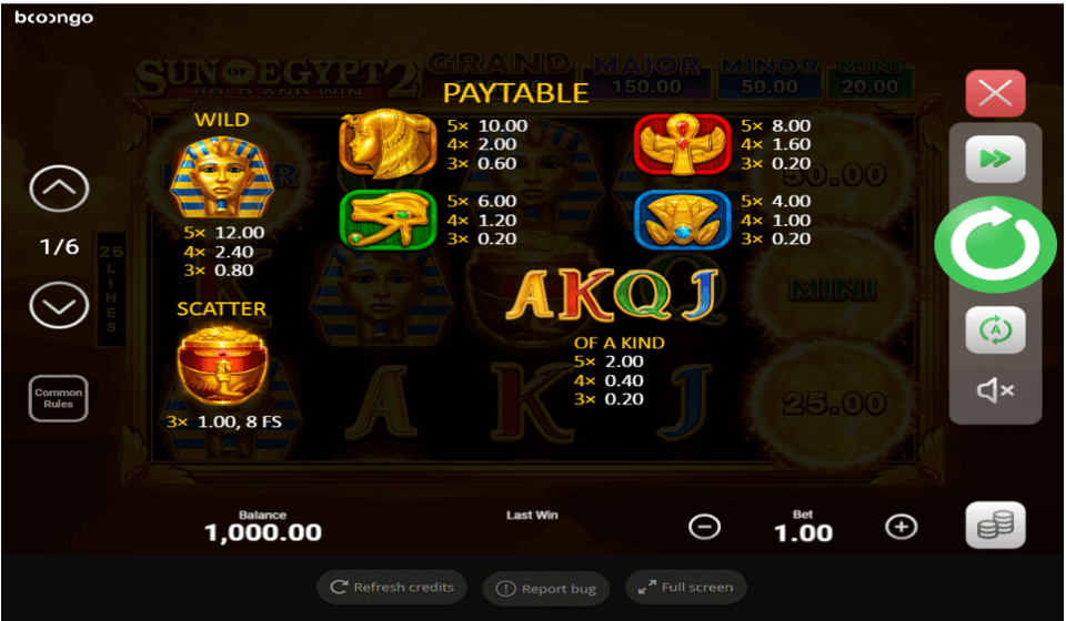 sun of egypt 2 paytable