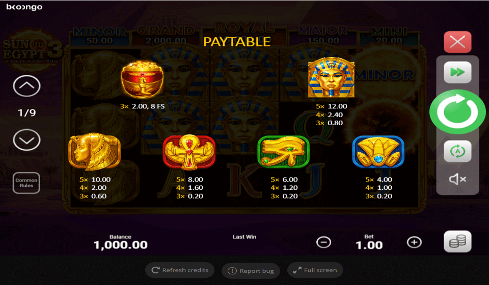 sun of egypt 3 paytable