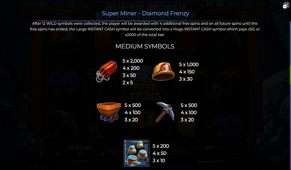 super miner diamond frenzy paylines paytable 1