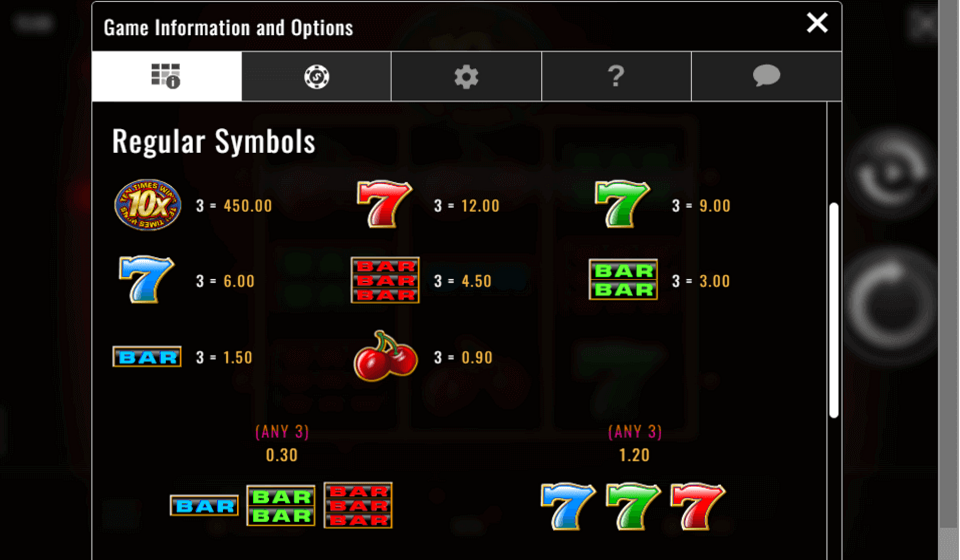 ten times wins paytable