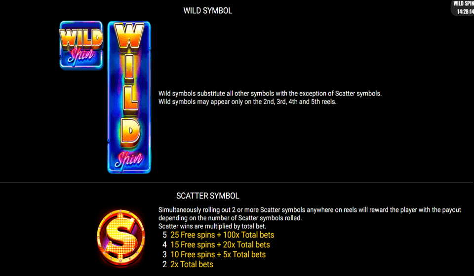 wild spin paytable